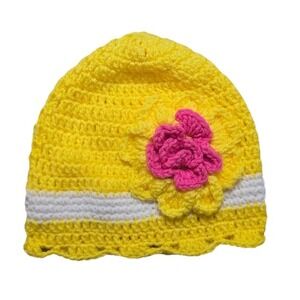 Vtg Crochet Handmade Flower Hat Beanie Women's OS Yellow White‎ Knit NEW